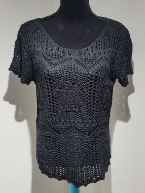 H&M Women's Short Sleeve Crochet T-Shirt Medium Black Boho Coastal Cowgirl